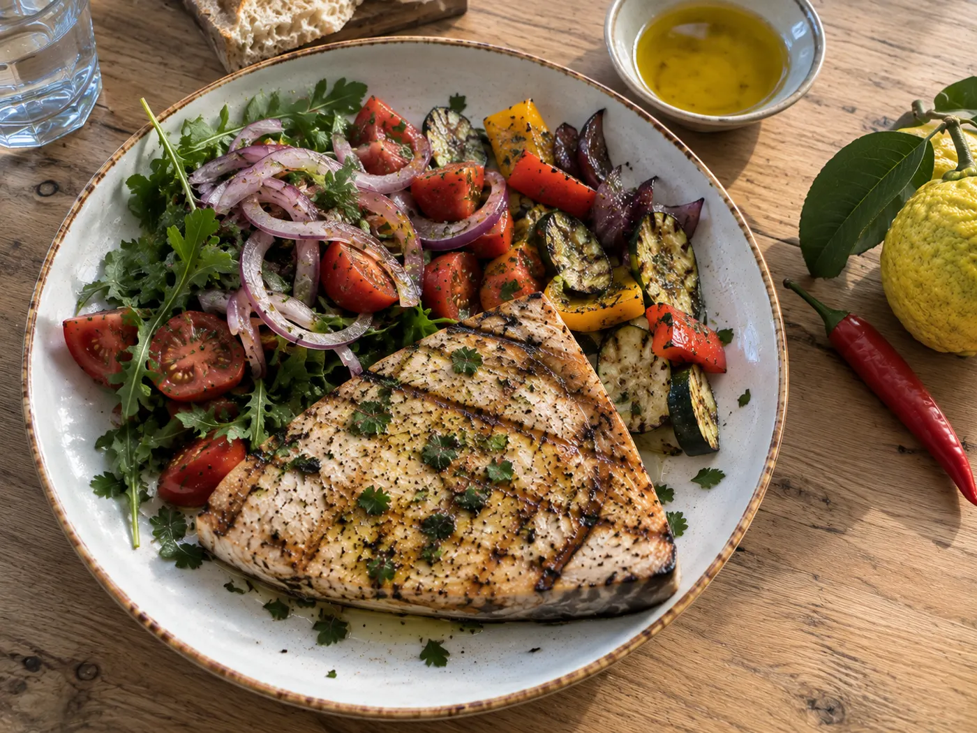 Pesce spada alla griglia con rucola, pomodorini e verdure grigliate: un piatto mediterraneo calabrese